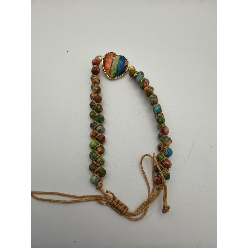Imperial Jasper Rainbow Heart Bead Bracelet Adjustable Boho Macrame Wrap